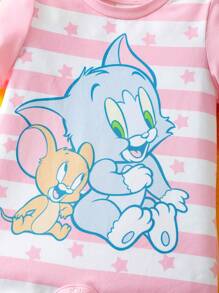 TOM & JERRY X SHEIN Baby Girl Cute Cartoon & Star Pattern Pink & White Striped Cute Romper