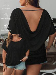 SHEIN VCAY Áo phông đi biển cổ tròn rộng rãi, hở lưng, dệt kim màu trắng cỡ lớn, phù hợp cho mùa hè - màu đen - Xem 1