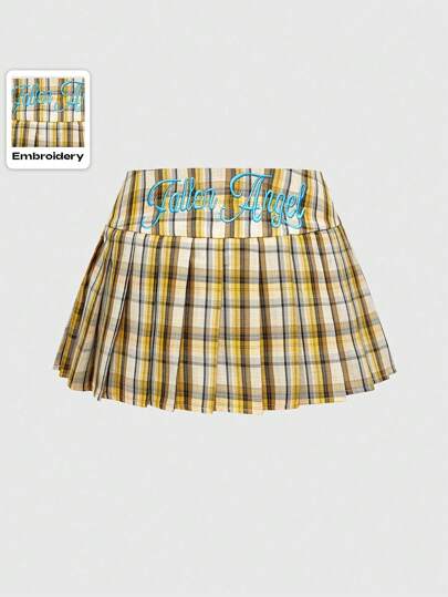 J-Fashion Minigonna plissettata in stile retrò Y2K Gyaru di Shibuya, taglia comoda, con ricamo a teschio e motivo a quadri