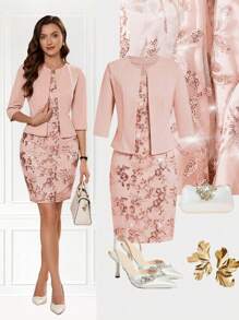 Ellevyn 加大码纯色夹克和闪亮拼布圆领连衣裙两件套，优雅 - 粉色 - 查看 9