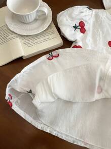 Baby Girls 0-3 Years Old Spring/Summer Cute Playful Daily Outing Cherry Embroidery Puff Sleeve Dress + Hat - White - View 6
