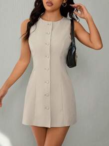 SHEIN PETITE 女士纯色简约无袖纽扣圆领单排扣无袖迷你连衣裙，女士夏季连衣裙，茶会连衣裙 - 卡其色 - 查看 2