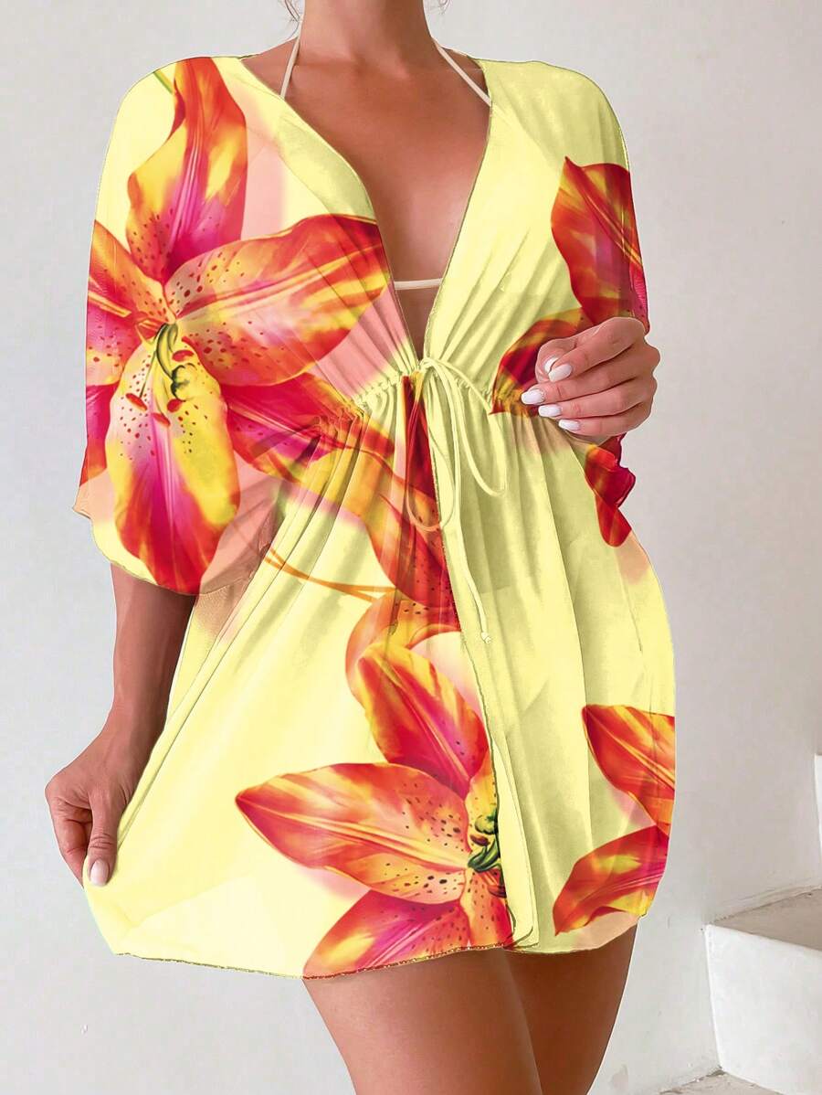 SHEIN Swim 女士花卉印花蝙蝠袖和服罩衫，适合度假 - 彩色 - 查看 1