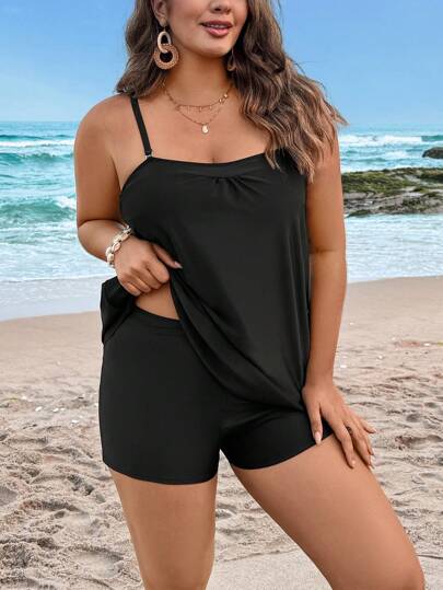 Swim Lushoire Plus Size Women's Backless Tank Top Two-Piece Bikini Set,Loose And Comfortable Solid Color Design For Tummy Control,Conservative Style With Detachable Shoulder Straps For Strapless Wear,Perfect For Summer Beach Vacations