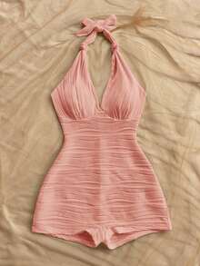 Soleia Women's White Wavy Textured Knit V-Neck Tie Front Romper, Fitted, For Beach Vacation, Party, Date, Afternoon Tea Dress Swimsuit Beach Club Outfit Halter Swimsuit One Piece Swimsuit - Pink - View 5