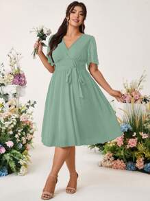 SHEIN Belle Váy xếp ly thanh lịch dành cho nữ có ren mi, thiết kế chắp vá, thắt nơ ở eo, dáng chữ A - màu xanh lá - Xem 4