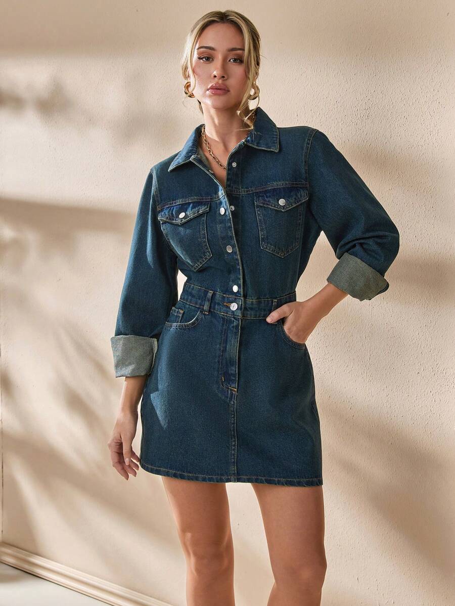 CLARA VERO Mini Jacron Detailed Rigid Denim Dress - Dark Wash - View 1