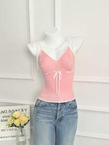 Chiquease خزرة نسائية بحمالات بلون متباين وربطة، بلا أكمام، بناية رقيقة محبوكة للربيع والصيف - متعدد الألوان - مشاهدة 5