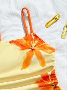 SHEIN 女童蝴蝶结花卉印花分体泳衣，可调节肩带，甜美优雅，适合度假、海滩、泳池、冲浪 - 彩色 - 查看 3