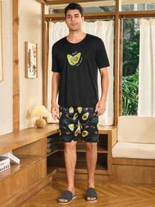 CoupledUp Conjunto de pijama informal de hombre de manga corta y pantalón corto con estampado de aguacate