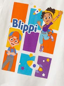 Blippi X SHEIN Maglietta a girocollo a maniche lunghe con grafica a cartoni animati colorati, per ragazzi giovani