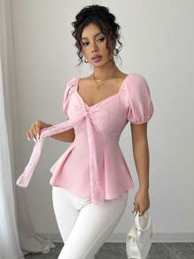 Elenzga 女士新款夏季蕾丝蝴蝶结拼布短袖衬衫（随机印花） - 粉色 - 查看 6