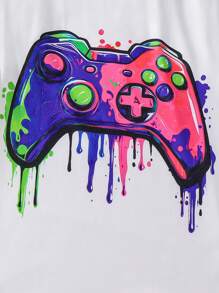 SHEIN 2pcs Tween Boy Spring/Summer New Colorful Game Controller Printed Matching Colorful Printed Knit Shorts, Street-Style, Beach Vacation, School, Campus, College