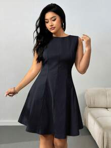 SHEIN EZwear 大码女式黑色无袖圆领A字腰中长连衣裙 - 黑色 - 查看 6