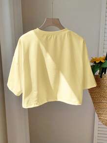 SHEIN EZwear 女式黄色字母和太阳脸印花短袖休闲T恤，夏季度假上衣 - 黃色 - 查看 2