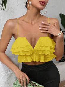 SHEIN SXY Women's Plain Color Multi-Layer Ruffle Hem Cami Top, Vacation Wear - Yellow - View 1