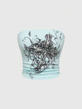 maglietta con stampa grafica accorciata in stile Y2K con applicazioni di strass per donna