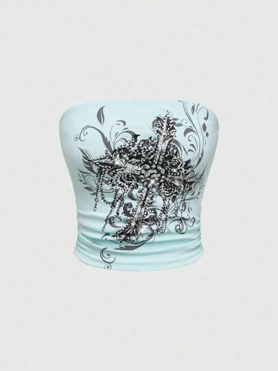 Camiseta gráfica corta con detalles de strass en estilo Y2K para mujeres