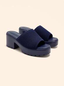 CUCCOO BASICS Women's Fashion Navy Blue Fabric Upper Casual Thick Heel Platform Sandals For Christmas - Blue - View 3