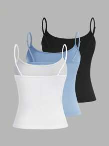 SHEIN PETITE CURVE 大码女式三件套紧身休闲背心（细肩带） - 淺藍色 - 查看 2