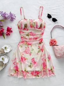 Soleia Rose Floral Mesh Ruched Backless Camisole Mini Dress, Holiday, Date, Valentine's Day, Afternoon Tea, Summer - Multicolor - View 4