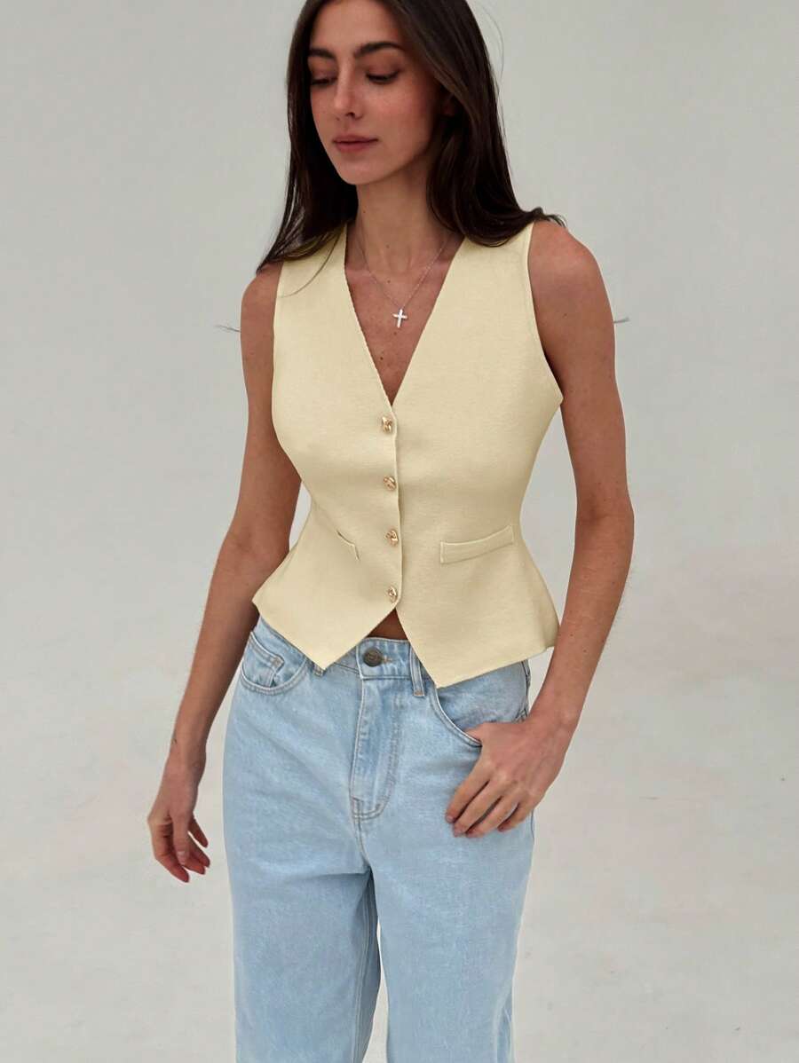 Aloruh Elegante chaleco de punto de unicolor con cuello en V minimalista para otoño/invierno con botones de metal modernos, top de punto