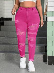 SHEIN ICON Plus Size Medium Washed Blue High Elasticity Skinny Distressed Sexy Denim Jeans