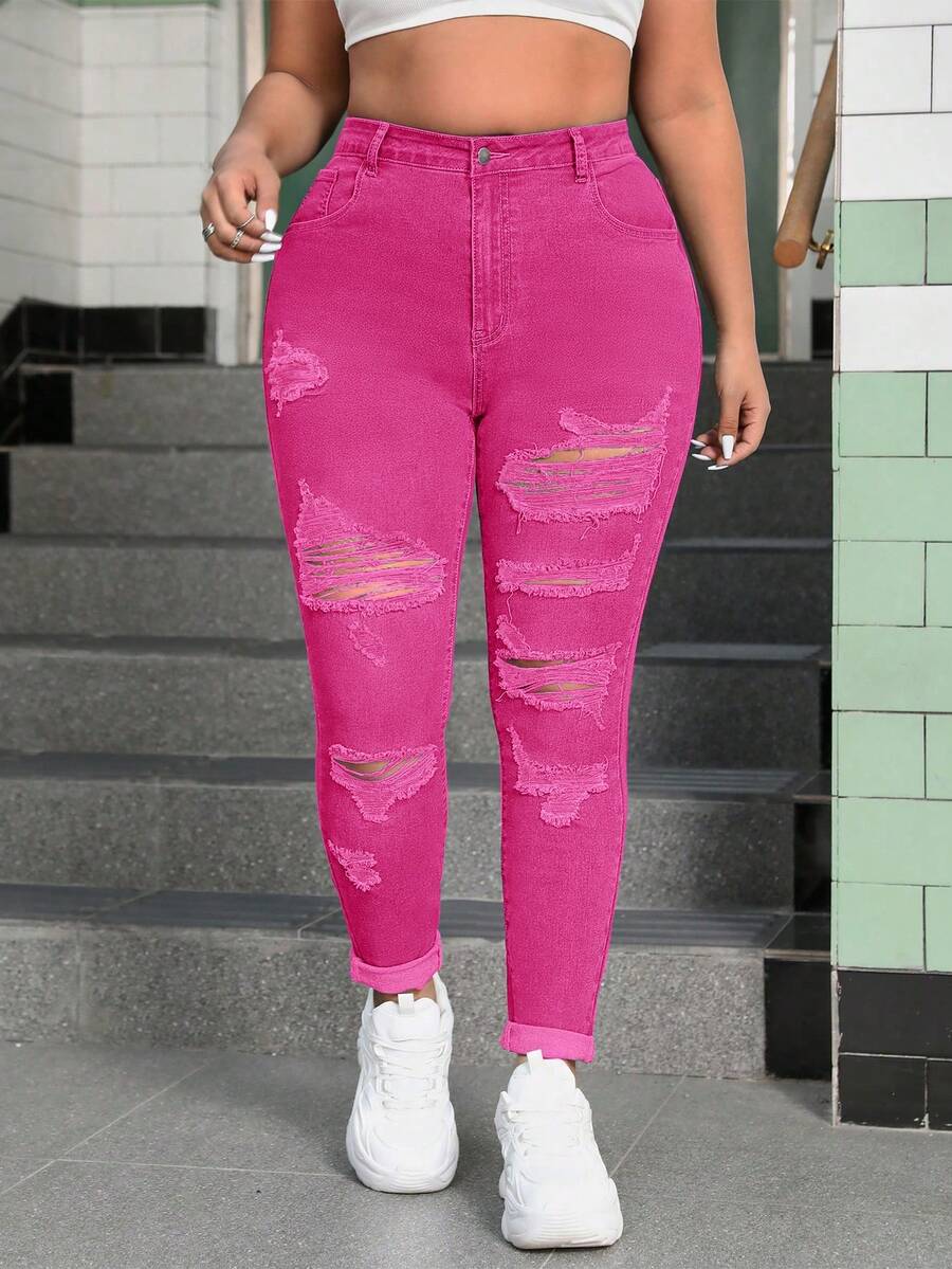 SHEIN ICON Plus Size Medium Washed Blue High Elasticity Skinny Distressed Sexy Denim Jeans