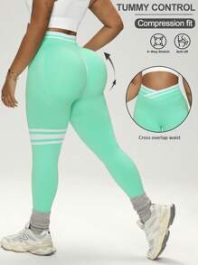 Easithlete Mallas de talla grande para mujer con rayas de color contrastante - verde menta - Ver 1