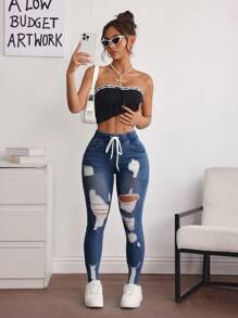 Breezaya Jeans casuales y versátiles para mujer con cintura ajustable con cordón, bolsillos y desgastados - Azul Marino - Ver 5