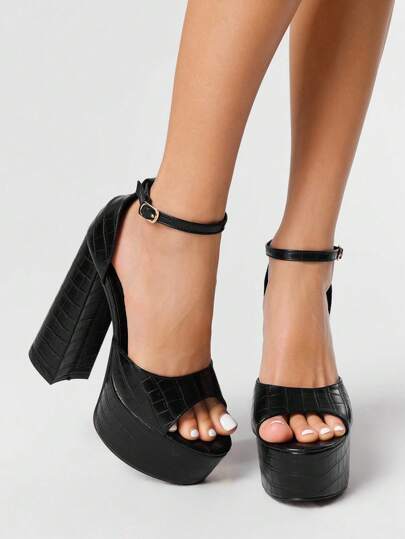 Goth Black Chunky High Heel Platform Sandals, Sexy & Fashionable Women's High Heel Shoes For Party