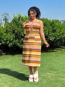 SHEIN EZwear Vestido casual de vacaciones con botones delanteros tallas grandes - Multicolor - Ver 4