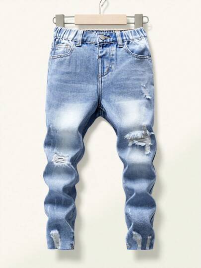 SHEIN Streecool Kids 适合所有季节的年轻男孩休闲日常经典破洞舒适牛仔裤