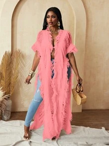 BamGleam Áo len cardigan dài tay khoét lỗ đơn giản cho nữ đi nghỉ mát thường ngày - Hồng - Xem 4