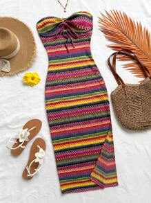 Soleia Women's Striped Pleated Front Tie Dress Beach Vacation Outfits Spring Summer Outfits For Women - Multicolor - View 1