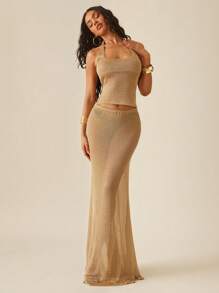 Hauture 女式夏季度假性感金属针织透视长裙 - 金色 - 查看 3