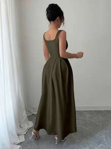 Elenzga 女士方领 A 字腰修身中长连衣裙，秋冬欧式风格 - 軍綠色 - 查看 2