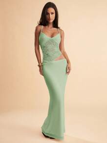 SHEIN BAE 夏季海滩度假纯黑色蕾丝性感透视吊带长裙，适合日常约会、夜间外出、夜总会、派对、聚会、鸡尾酒会、泳池派对、返校季服装、学校季连衣裙、节日连衣裙女士连衣裙 - 薄荷綠 - 查看 3