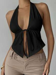 Zyxie Women's Solid Color Slit Hem Front Tie Halter Sexy Tank Top, Summer - Black - View 6