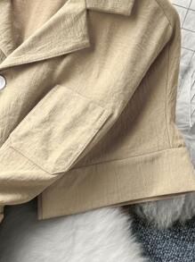 Damen Minimalistischer einfarbiger Jumpsuit mit Halemkragen und hoher Taille, Kurzarm - Khaki - Übersicht 4