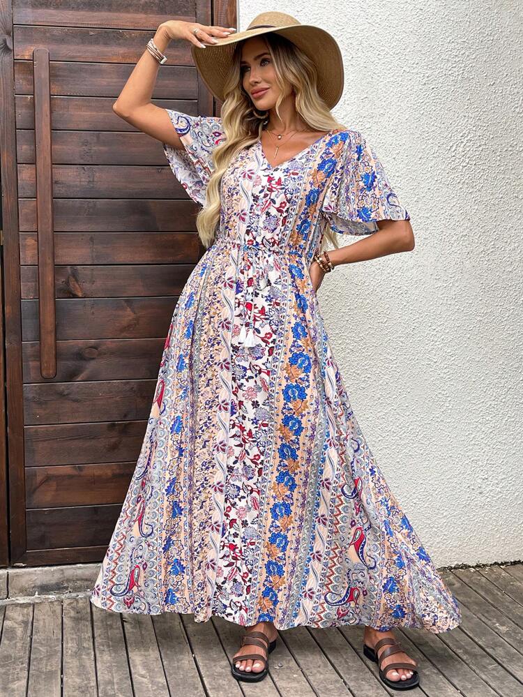 Vacation Dress, Woman's Summer Fashionable Allover Print V-Neck Waist Cinched Short Sleeve Long Dress,
Beach Vacation Outfits