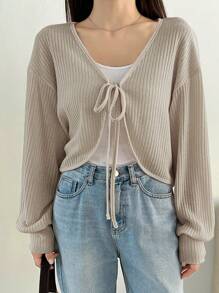 Dazy Plus Plus Size V-Neck Solid Color Cropped Tie Front Long Sleeve T-Shirt, Spring/Summer,Fall Clothes