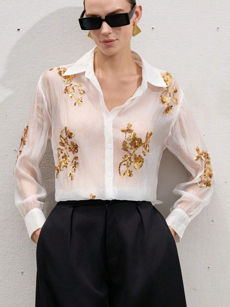 Aveloria Modichic Sequin Embroidered Sheer Long Sleeve Blouse, Summer - White - View 1