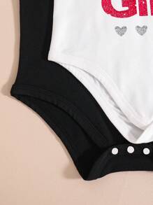 Baby Girls 2pcs/Set Black Knit Bodysuit, Front Print Design For Casual Or Party Occasions - Black and White - View 4