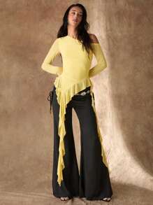 Glamine Romantic Spring Asymmetrical Jellyfish Ribbon Ruffled Hem Asymmetrical Sloping Shoulder Short Sleeve Solid Color Tight Elastic See-Through Mesh Women's T-Shir