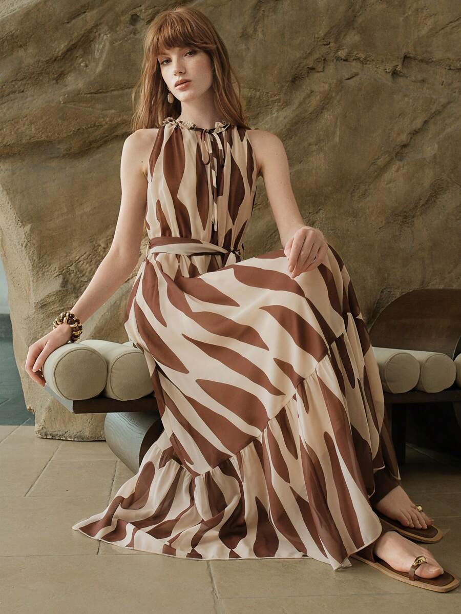 EMERY ROSE 女士春夏梭织褶皱无袖圆领休闲度假连衣裙 - 棕色 - 查看 1