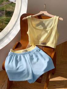 Comfortcana Bộ 2 món/Bộ áo ba lỗ in chữ và quần short thường ngày mùa hè cho nữ - Nhiều màu - Xem 4