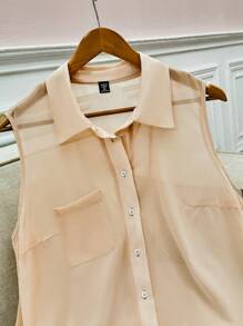Flirla Camisa plus size de cor sólida com bolso frontal e botões, carcela, casual de verão, sem mangas - Damasco - Ver 6