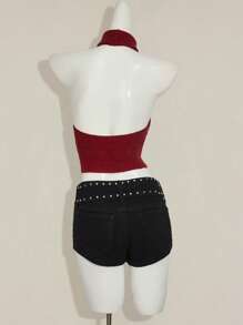 SHEIN ICON 女式纯色简约针织吊带背心 - 紅色 - 查看 2