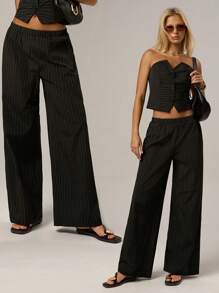 SHEIN Forever 21 夏季女士舞会、正式场合、海滩、度假、可爱、西部风、商务休闲、优雅、生日、外出、俱乐部、办公室、节日、锐舞派对、工作、高贵、乡村音乐会、早午餐、邮轮、老钱风、机场、端庄、教堂、仙女风、性感、趣味、嬉皮风、下午茶、千禧年、街头风、2000年代、迪斯科、春假、毕业典礼、婚礼宾客、鸡尾酒会、复古、紧身、度假风、低腰、宽松、直筒、阔腿、松紧腰、黑色条纹裤 - 黑色 - 查看 1